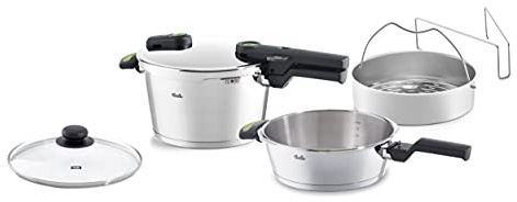 Fissler Vitaquick Green/Schnellkochtopf-Set, 5-teilig (4,5l - Ø 22 cm & Schnellbratpfanne 2,5l - Ø 22 cm) inkl. Metall-Deckel, Glas-Deckel, Einsatz - Induktion
