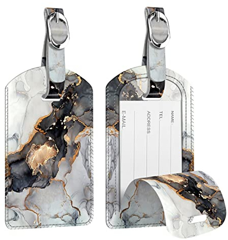 [2 Stück] Fintie Kofferanhänger aus Kunstleder, Gepäckanhänger ID Etikett mit Adressschild Namenschild für Reisetasche Koffer, Trüber Marmor