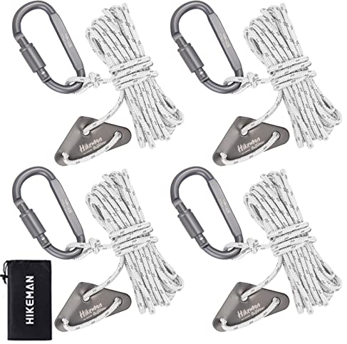 HIKEMAN 4mm Reflektierende Zelt Abspannseile - Outdoor 4M Zelt-Führungsseil mit Karabinerhaken,100% Nylonseile mit Aluminium-Abspannseilspanner für Zelt Zeltplane Camping (Weiß)
