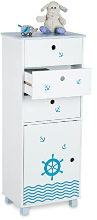 Relaxdays Kommode Kinder, Seefahrt-Design, 3 Schubladen, Türfach, Kinderzimmer Nachtkonsole, HBT 105x42x30 cm, weiß/blau