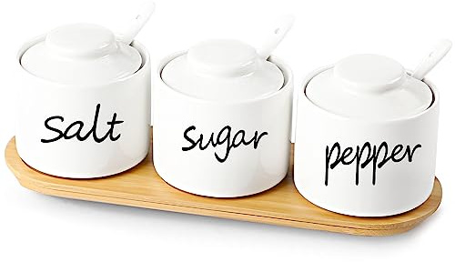 ONTUBE Farmhouse 8oz, Sugar Pepper and Salt Bowls with Lid and Spoon, Ceramics Condiment Pots,Seasoning Jar Spice Container for Kitchen,Dishwasher Safe (White)