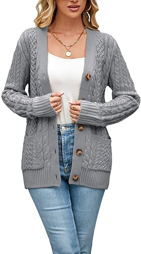 BuyiRen Womens Cardigan Sweaters Cable Knit Sweater 2026 Fall Winter Chunky Open Front Button Down Coats with Pockets, Grey, UK 14-16