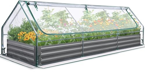 Quictent Raised Garden Bed Galvanized Raised Beds for Gardening Vegetables with Cover 8x4x1 ft Metal Planter Box Outdoor Use (Clear)