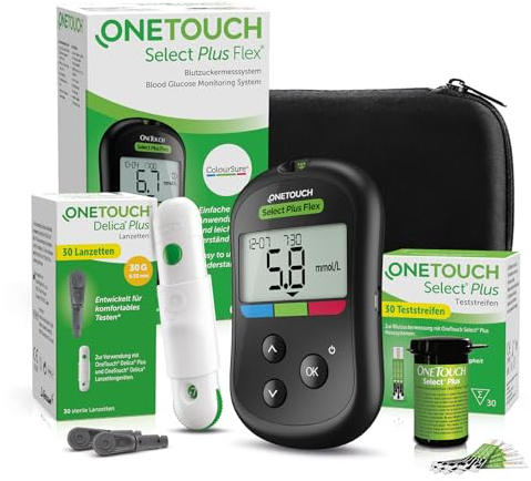 OneTouch Select Plus Flex®Blutzucker-Messgerät (mmo/L) I Diabetes-Testset (Zucker-Krankheit) I 1 Blutzucker-Messgerät + 10 Teststreifen + 1 Stechhilfe + 10 Lanzetten im Etui (inkl. Batterie)