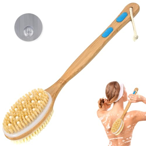 Collskid Rückenbürste mit langem Stiel, Doppelseitig Duschbürste, Badebürste Mit Haken, Körperbürste, Peelingbürste, Natürliche Borsten, zum Entfernen Abgestorbener Haut