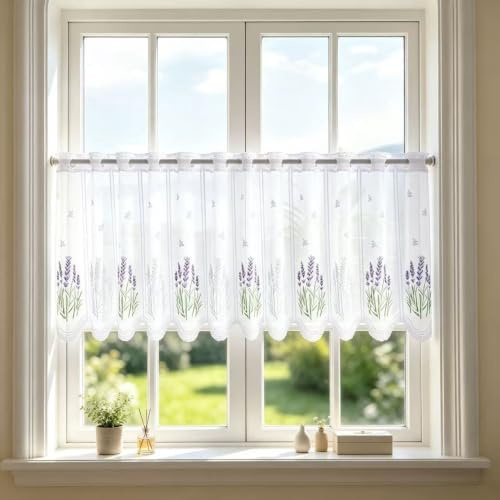 Daliena Fönstergardin med hållist, gardin, butik, jacquard, köksgardin, spets, kort gardin, lantställe, fönstergardiner, transparent gardin, spets, vit, vintage, kort (B x H 200 x 50 cm) 1 st