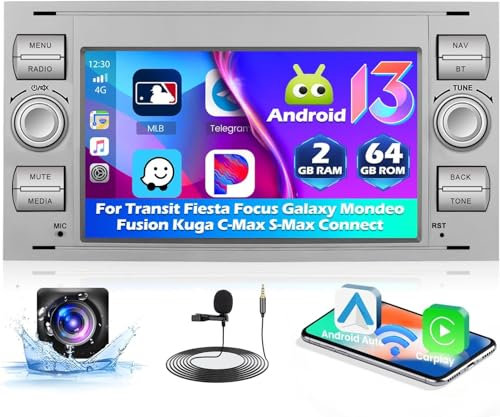 2+64G for Ford Focus Kuga Fiesta Fusion Transit Galaxy Mondeo C-Max S-Max Connect Android Car Stereo Wireless Apple CarPlay Android Auto,7 inch Touch Screen Radio WiFi GPS FM RDS
