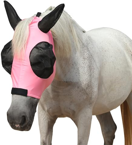 Leberna Stretchy Horse Fly Mask with Ears (Pink, Pony) | Extra-Large Eyes & UV Protection–Soft, Breathable Fly Mask for Horses, Tangle-Free Design, Enhanced Visibility