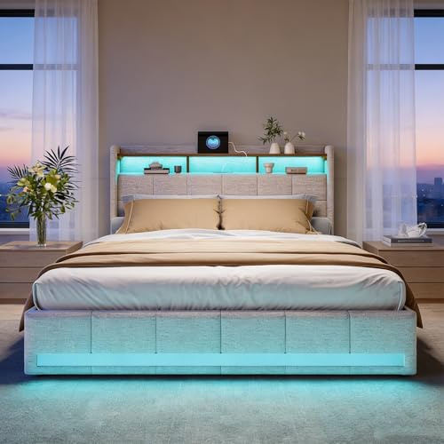 BRILVERDE Letto imbottito 160x200 con Contenitore, letto matrimoniale con USB e LED, con 4 cassetti, letto funzionale con testiera, struttura letto con rete a doghe, Lino (Beige, 160 x 200 cm)