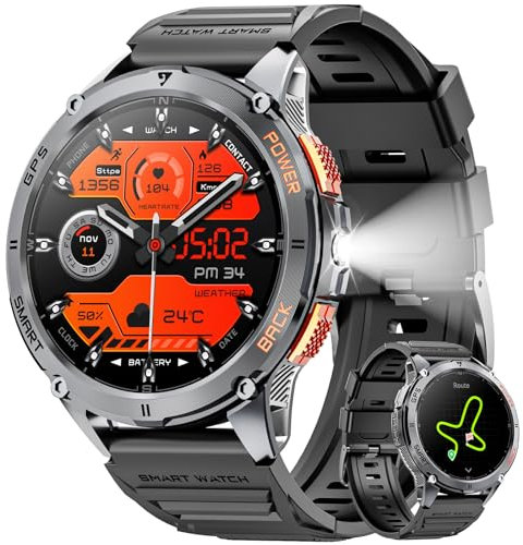 GPS Smartwatch Herren, 1,43 AMOLED Smart Watch mit Bluetooth Anrufen, LED Taschenlampe, 530mAh Batterie, IP68 Wasserdicht Sportuhr Fitness Tracker mit Herzfrequenz, Militär Smartwatch für iOS Android