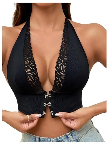 GORGLITTER Women's Deep V Neck Lace Front Fastening Bras Wireless Halter Medium Support Sexy Lingerie Bralettes Black Medium