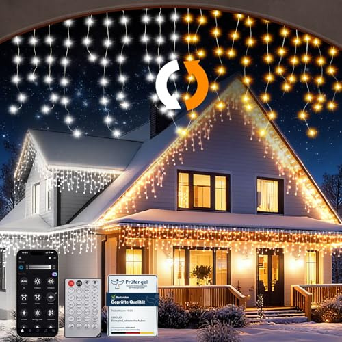 Luci Natale da Esterno Cascata, Luci Natale Balcone Esterno Bianco Caldo e Freddo, Tenda Luci Natale con APP e Telecomando, 17 Modalità, 4 Luminosità, Timer, Decorazioni Natalizie (200L-5M,C/F)