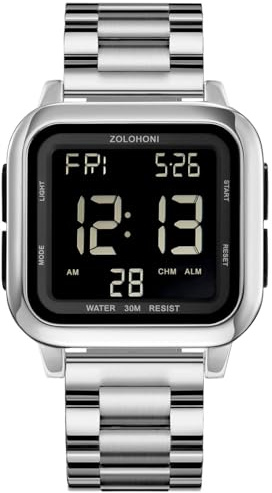 zolohoni Mens Digital Watch for Men, Stainless Steel Square Watches, Womens Wristwatch Waterproof Large Face Dual Time Date Stopwatch