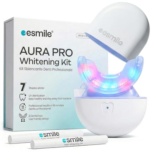 ESMILE AURA PRO – Kit de Blanchiment Dentaire Professionnel 32 LED – Lampe Blanchissante avec 2 Gouttières et Stérilisation UV – Blanchiment des Dents à Domicile en 16 Minutes