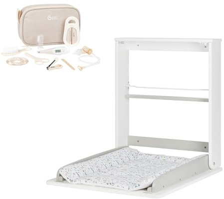 Badabulle Table à Langer Pliable Plouf & Trousse de Soin Bébé Compacte Sable - Table à Langer Murale Rabattable - Ultra Compacte pour Petites Pièces - Matelas à Langer Inclus - Etagère Intégrée