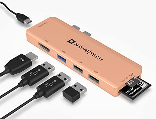 NOV8Tech On The Go Hub Adapter Kompatibel Für MacBook Air M1 2018-2022 / MacBook Pro M1 2016-2022, 7 in 2 USB C Auf HDMI USB 2&3 100W Thunderbolt Ladegerät MicroSD Kartenleser/SDCard Lesegerät - Gold