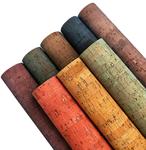 ZAIONE Farbiger Korkstoff, Kunstleder, 8 Stück, 20 cm x 30 cm, 0,7 mm dick, weiche Streifen-Canvas-Stoffrückseite, langlebig, für Handtaschen, börsen, Schuhe, Ohrringe, Bastelarbeiten
