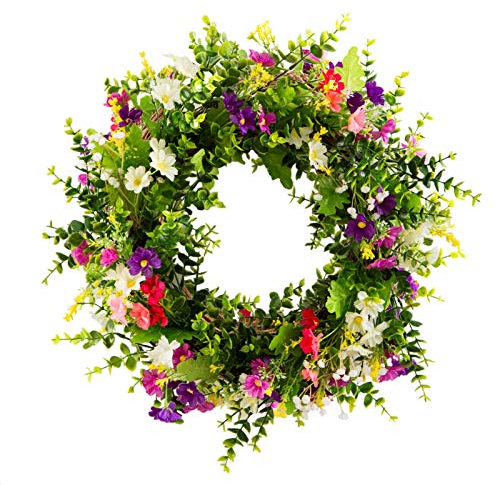 WACAR Door Wreaths, Artificial Flowers Wreath, Spring Summer All Seasons Floral Wreath, for Front Door Living Room Window Wall Garden Wedding Festival Decor(45cm)