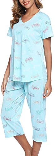 ENJOYNIGHT - Pijama corto para mujer, de manga corta, con pantalones de dormir de 3/4, ropa de dormir de dos piezas, de S a 3XL | Ropa de dormir estampada de 2 piezas, tela de mezcla de algodón, suave y ligera, ideal para un sueño reparador