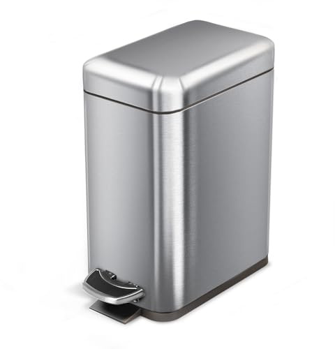 Home Zone Living 1.3 Gallon Small Bathroom Trash Can with Lid and Step Pedal, Stainless Steel Wastebasket with Slim Design for Home and Office, Silver, 5 Liters