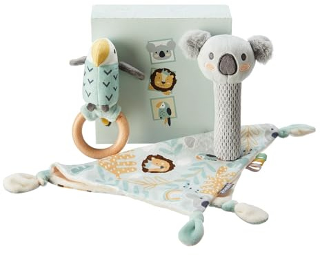 Nuby Animal Adventures Baby Gift Set – 3-Piece Keepsake | Comforter, Squeaker & Rattle | Box Included | Suitable from Birth, Multicolour, One Size