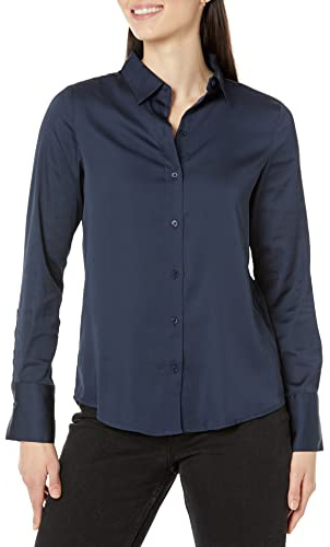 Amazon Essentials Women's Classic-Fit Satin Button Down Blouse (Available in Plus Size), Navy, X-Small