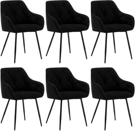 WOLTU Uppsättning med 6 matrumsstolar, köksstol, stol matsal vardagsrum, ergonomisk fåtölj, armstödsstol, stoppstol, sits av sammet, metallben, svart, EZS02sz-6