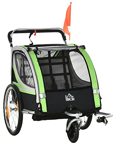 HOMCOM 2 in 1 Kinderanhänger klappbar Fahrradanhänger mit abnehmbarem Vorderrad, Hinterradbremsen, Kinderfahrradanhänger für 2 Kinder ab 18 Monate, bis 26,4 kg belastbar, Grün