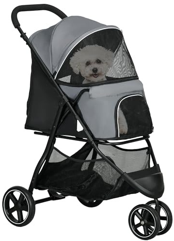 PawHut Poussette buggy pour chien, poussette pour chat animaux de compagnie pliable, 2 laisses, roues EVA, guidon réglable, panier, 83 x 55 x 101 cm, gris