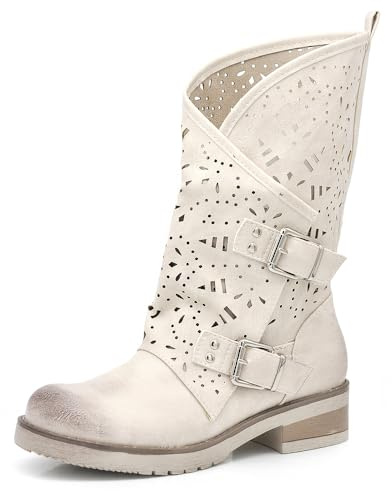IF Fashion Scarpe da Donna Stivali Stivaletti Biker Forati Fibbie Anfibi Polpaccio Largo WZ688-66 Beige 38
