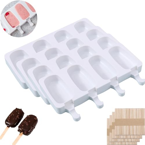 Atsmoce® 4 Packed Grandi Stampi per Gelato in Silicone, Stampi per Ghiaccioli con 4 Cavità, Formine Ghiaccioli, senza BPA, riutilizzabili, 200 bastoncini di legno