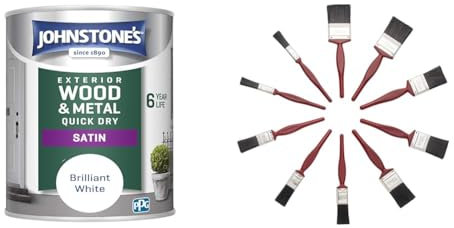 Johnstone's - Quick Dry Satin - Brilliant White- Satin Finish - Exterior Wood & Metal & Fit For The Job 10 pc Mixed Sizes Paint Brush Set for a Smooth Finish with Emulsion