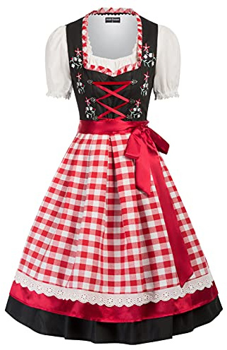 SCARLET DARKNESS Jupe Dirndl Blouse Dirndl Tablier Dirndl Robe florale en coton Robe Dirndl pour Oktoberfest Rouge Noir Plaid S