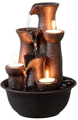 Tabletop Fountain 3 Candles, Indoor Waterfall Fountain for Meditation, Desktop Waterfall Fountain 3 Tiered, Resin Room Decor for Office Home Relaxaion, Housewarming Gifts New Home, Brown with Rocks