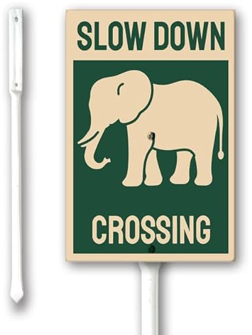 Geroclonup Divertente cartello da giardino con elefante che attraversa rallentando 20 x 30 cm, cartello da giardino in alluminio impermeabile con paletto 32 cm