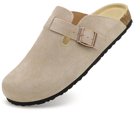 Meik Mangni Wildleder Clogs für Damen Herren Komfort Kartoffel Schuhe mit Arch Support Frauen aus Leder rutschfest Pantoletten mit Weiches Kork Fußbett,Beige,Gr.39 EU