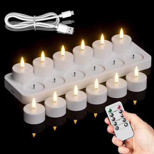 Bougie Chauffe Plat LED Rechargeable avec Station de Charge, Lot de 12 Bougie LED Rechargeable Bougie avec télécommande et minuteur flamme vacillante, pour chambre mariage decoration Halloween, Noel