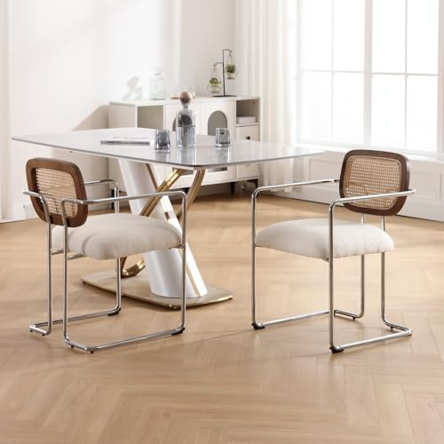 DAYALANE Esszimmerstühle 2er Set, Retro Küchenstühle mit Rattan Rückenlehne Gepolsterte Essstühle mit Metallgestell aus Kunstfell, für Esszimmer Wohnzimmer Küche Schlafzimmer Lounge, Weiß