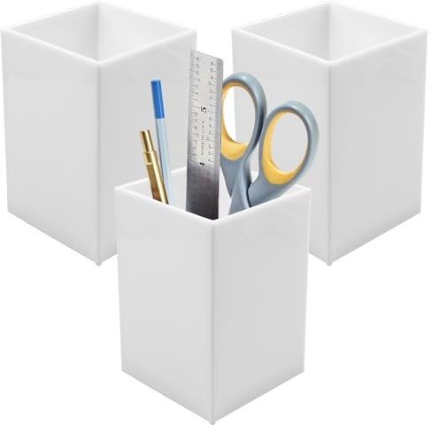 3 unidades de soporte acrílico blanco para bolígrafos, bolígrafos, escritorio, organizador cuadrado, bote para lápices, pinceles de maquillaje, artículos de papelería (6,5 x 6,5 x 10 cm)