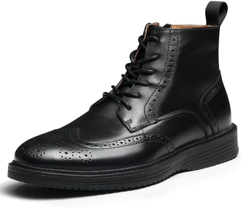Hantatop Mens Dress Boots, Genuine Leather Brogue Wingtip Mens Casual Oxford Boots with Side Zipper, Comfortable Formal Lace Up Chukka Ankle Boot for Men