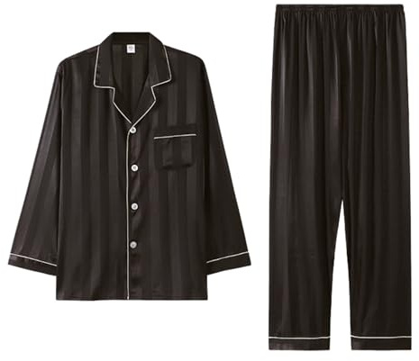 Pigiama lungo da uomo in raso, con bottoni, biancheria da notte in raso per il tempo libero, 2 pezzi, a maniche lunghe, camicia da notte e pantaloni da pigiama, in seta, morbido, da notte