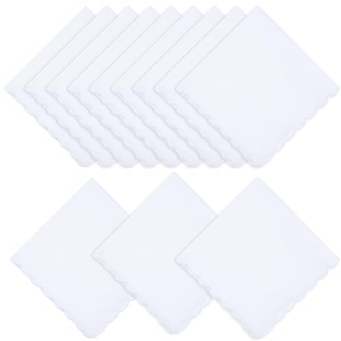 Alrhso 12 Pcs White Cotton Handkerchiefs for Women 11.8x11.8 Pocket Hankies Scalloped Square Towel for Wedding Party Gift Favor