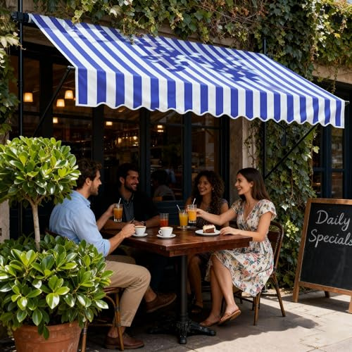 UISEBRT Store de balcon à pince 250cm de large - Store avec manivelle réglable en hauteur sans perçage, protection UV, protection solaire, résistant aux intempéries (250 x 120cm, Bleu-Blanc)