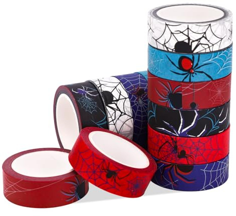 SAVITA 12 Rolls Spider Washi Tape, 10m x 1.5cm/32.8ft x 0.6in Cartoon Theme Adhesive Washi Tapes Spider Party Favors for Scrapbooking Gift Wrapping DIY Crafts (Total Length 393.7ft/12m)