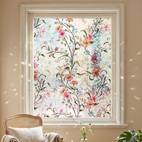 Alvorox fönsterfilm i målat glas, blommig integritetsfilm för glasfönster dörr, hus, bil, soltak, dekorativa statiska fönsterfästning (45 x 90 cm)