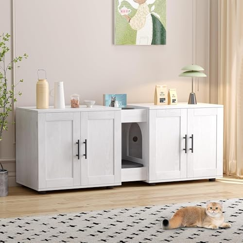 Mueble Litiere de 2 gatos de madera con 4 puertas, casa de baño, gato oculto con encimera abierta, almacenamiento abierto, 8 ventilaciones, armario de arena para sala de estar, baño (140 x 55 x 45 cm