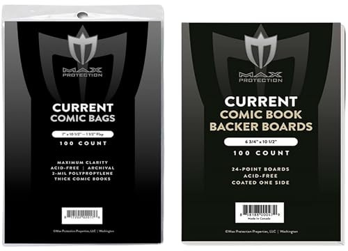 Max Protection Current Comic Book Bags and Boards - Thick 2mil Polypropylene 7x10.5 Bags with 1.5 Flap - Acid-Free 24 Pt Boards Coated for Easy Insertion - for High Page Count Comics