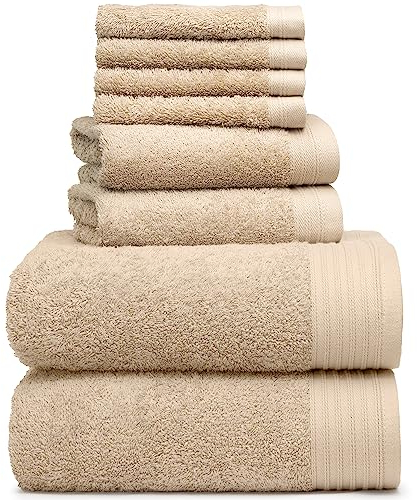 Weidemans Premium 8 Pieces Towel Set Including 2 Bath Towels 30 x 56, 2 Hand Towels 18 x 30 and 4 Washcloths 13 x 13 - Color: Sand | Pure Cotton |Machine Washable high Absorbency