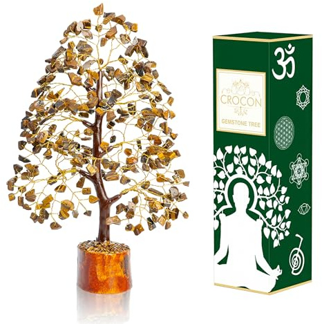 Crocon® Tiger Eye Gemstone Tree of Life - Crystal Tree for Positive | Beautiful Tiger Eye crystal bonsai for office desk and living room décor, meaningful gift for women, men, mum, sister