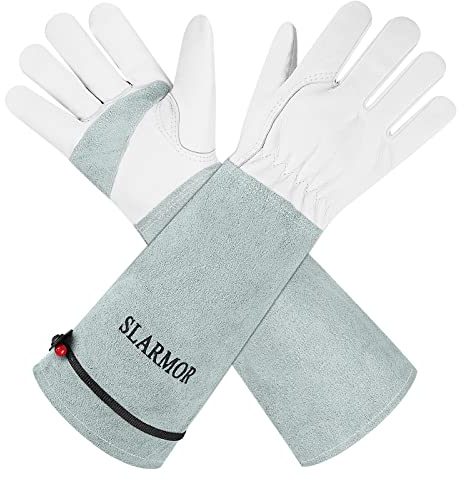 SLARMOR leather Gardening Gloves for Women/Men - Thorn Proof Cowhide Leather Rose/Blackberry Pruning Heavy Duty Garden Gloves Thick Palm Gauntlet Garden Work Gloves with Forearm Protection